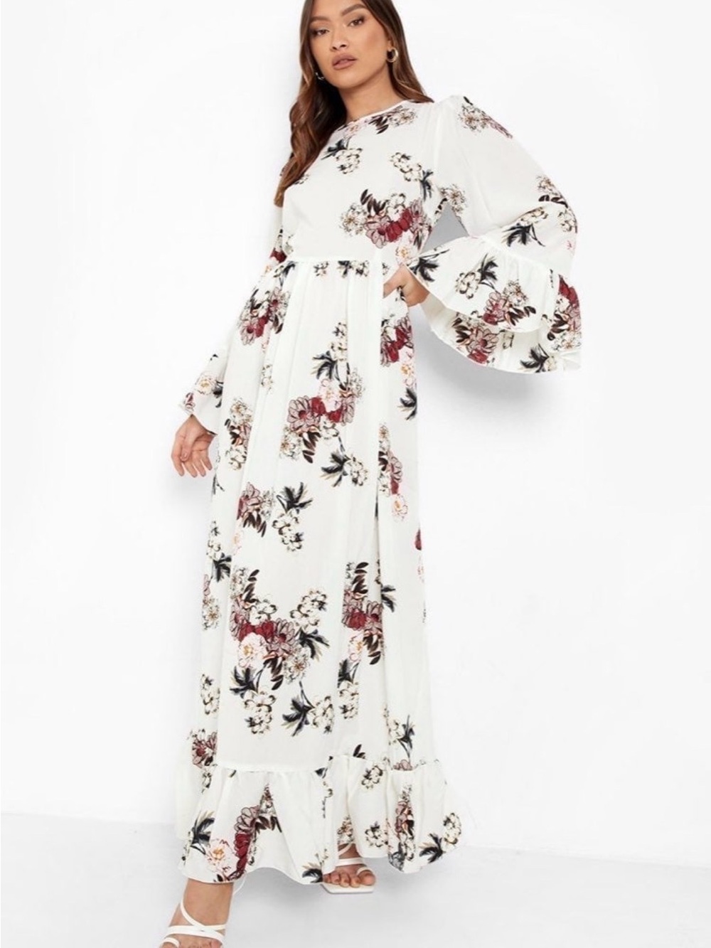 Boohoo White Floral Bell Sleeve Maxi Dress